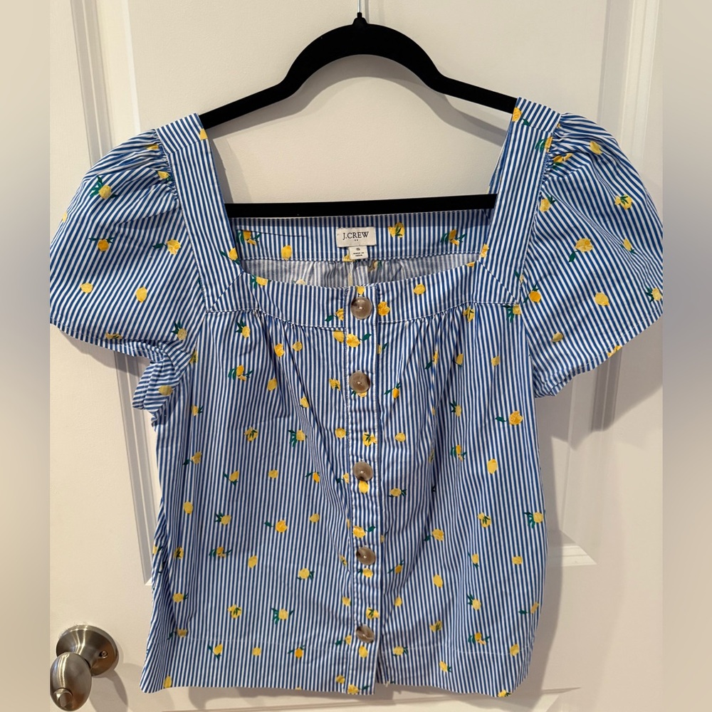 J. Crew Blue and White Puff Sleeve Smocked Blouse